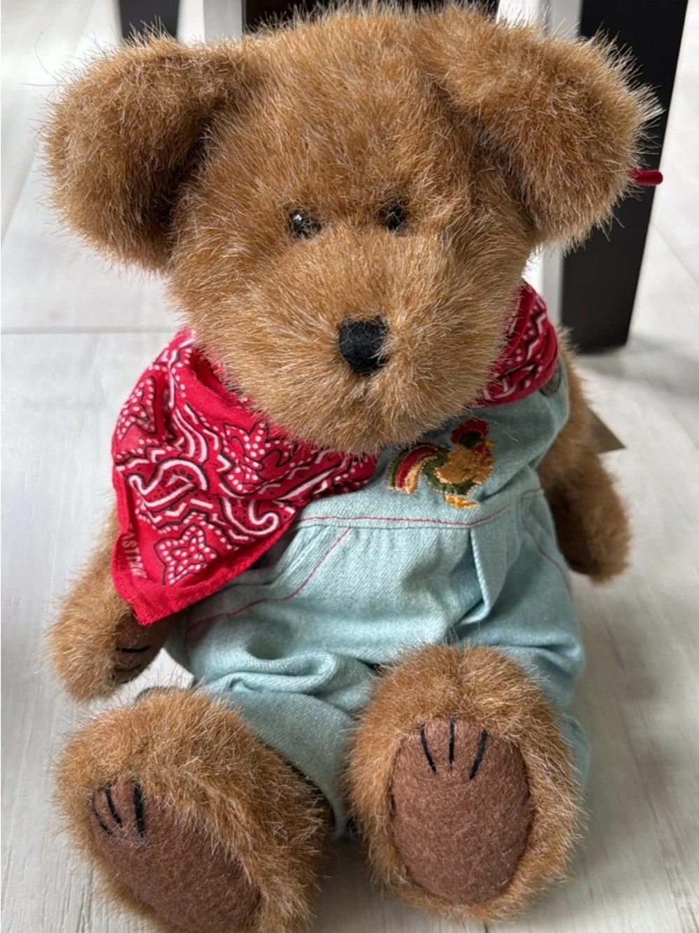 Plush Boyds Teddy Bear with Red Bandana and Light Blue Overalls with Rooster New
